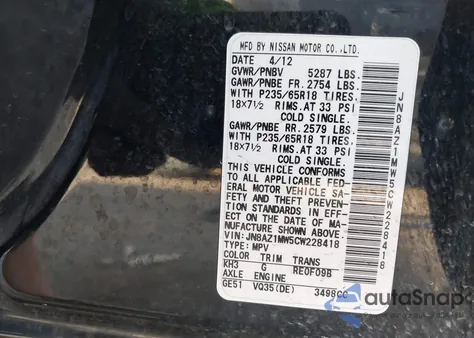 2012 Nissan Murano Sl z USA, uszkodzony, nr VIN JN8AZ1MW5CW228418